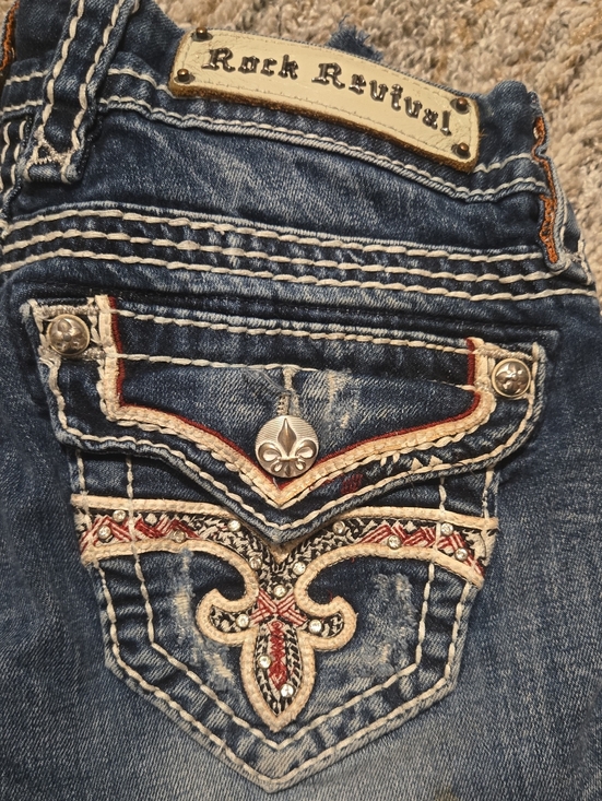 Rock Revival Pants - Rock Revival Women's Blue Skinny Jeans with Cream & Red Embroidery